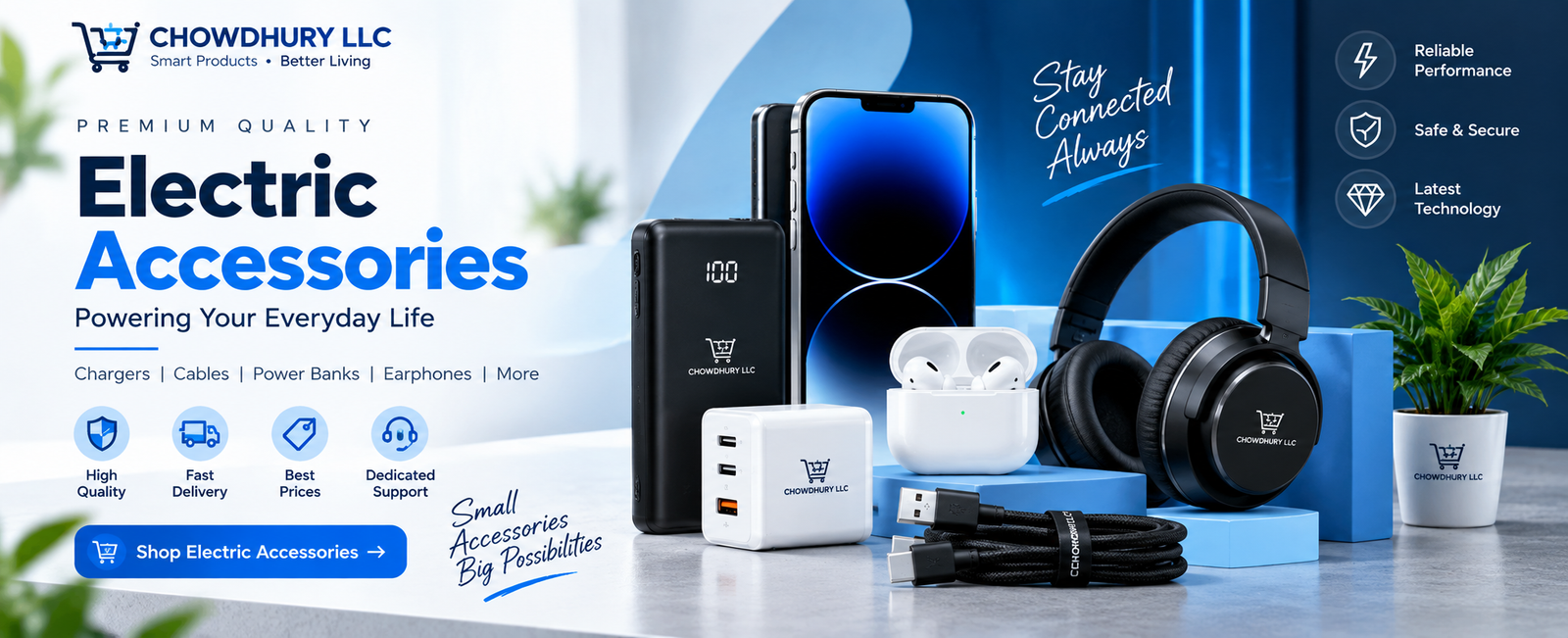 Electric accessories including chargers, cables, power banks and everyday electronic accessories