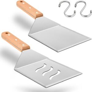 Wooden Metal Spatulas 2Pcs, E-far Professional Large Griddle Spatula Tools Set